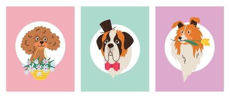 Set of greeting card templates with dog heads of different breeds and flowers. flat linear illustration vector