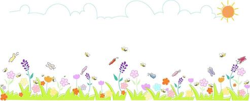 First day of Spring background, design with swarm of bees and butterflies flying around sniffing for nectar on flowers, colorful spring flowers, bright green grass, isolated on background. vector