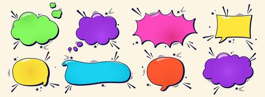 Pack of empty color comic speech bubbles halftone dot elements. vector