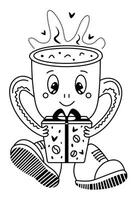 Groovy coffee cup character with a gift, black line , trendy monochrome whimsical cartoon of a little man in big shoes, editable stroke illustration vector