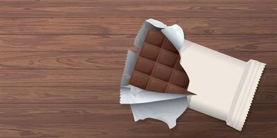 Wrapped chocolate bar was unwrapped and there was a chocolate bar inside placed on wooden table top view graphic illustration have blank space. vector