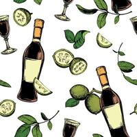 Bottle of Italian liqueur Nocino, glass with aperitif. seamless pattern in color engraving technique. Unripe walnut seeds whole and halves, leaves and branches. Linear sketch in ink. vector