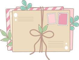 Three Envelopes With Stamps Tied With Twine. Cute and Simple Style. vector