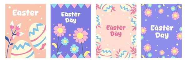 Set of Happy Easter Day greeting card with eggs and flower illustration on colorful background for banner and poster. vector