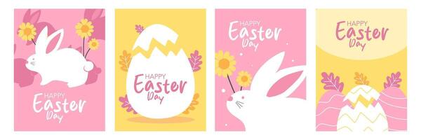 Set of Happy Easter Day greeting card with eggs and bunny illustration on yellow and pink background for banner and poster. vector