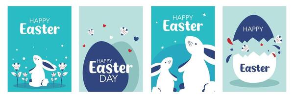 Set of Creative Happy Easter Day greeting card with eggs and bunny illustration on colorful background for banner and poster. vector