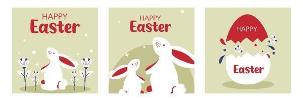 Set of Happy Easter Day greeting card with eggs and bunny illustration on green background for banner and poster. vector
