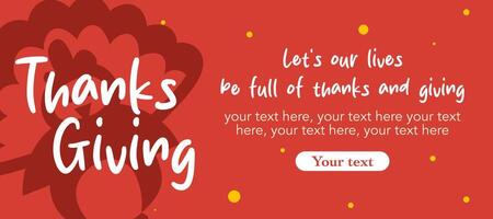 Happy Thanksgiving Day banner with chicken illustration on red horizontal background for advertising, greeting card, web, social media, poster and flyer vector