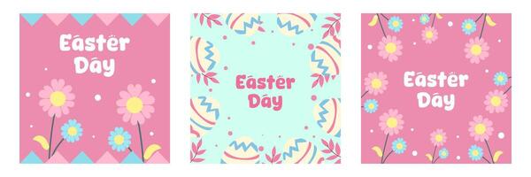 Set of Happy Easter Day greeting card with eggs and flower illustration on colorful background for square banner and poster. vector