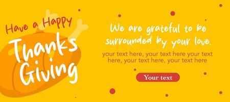 Happy Thanksgiving Day banner with chicken illustration on yellow horizontal background for advertising, greeting card, web, social media, poster and flyer vector