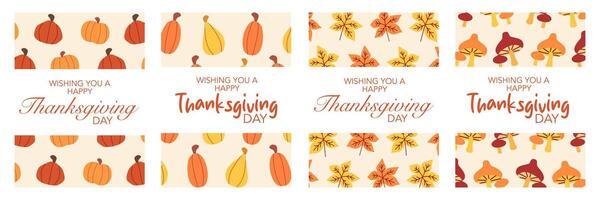 Set of Happy Thanksgiving Day banner with leaves and plant pattern illustration on cream color background for advertising, greeting card, web, social media, poster and flyer vector