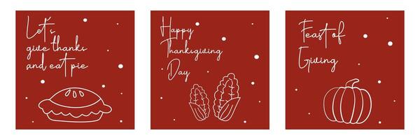 Set of Happy Thanksgiving Day banner with line illustration on red background for advertising, greeting card, web, social media, poster and flyer vector