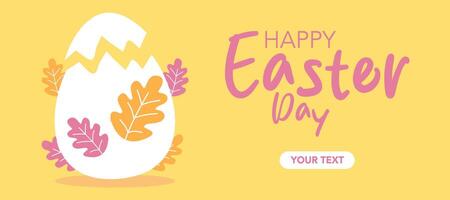 Creative Happy Easter Day greeting card with egg and leaves illustration on yellow background for banner and poster. vector