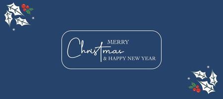 Merry Christmas and Happy New Year flat cartoon greeting template with berries illustration, lettering and blue background design for holiday invitation, card, poster, cover, banner, flyer, web vector