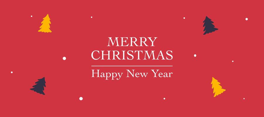 Merry Christmas and Happy New Year flat cartoon greeting template with christmas tree illustration, lettering and red background design for holiday invitation, card, poster, cover, banner, flyer, web