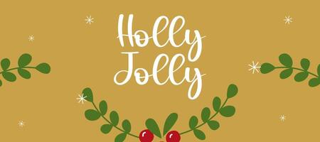 Merry Christmas and Happy New Year greeting card banner with berries and typography on gold background for sale and poster promotion template vector