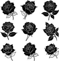 Black rose silhouette drawing set vector