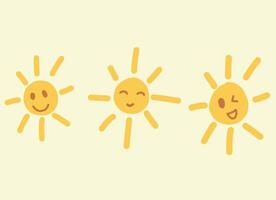Set of three cute sun illustrations with different facial expressions in a doodle style vector