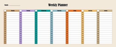 Weekly colorful planner, time management. Graphic design. vector