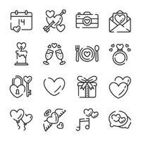 A set of Valentine's Day icons including a camera, a key, a fork, a knife vector