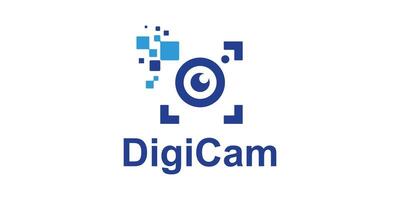 logo design combination of camera and digital technology, logo for digital media, lens, camera, vision, symbol, icon, idea, creative. vector