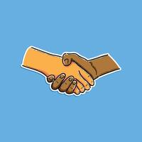 Illustration of a handshake symbolizing partnership, diversity, and agreement, set against a vivid blue background. Perfect for concepts related to teamwork, trust, and mutual respect. vector