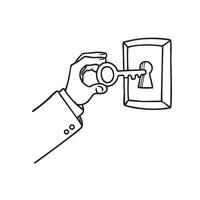 key being inserted into a keyhole by a person's hand vector