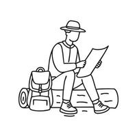 knapsack on the ground as a hiker rests against a tree, checking a map vector