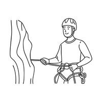 climber fastening a rope harness with a secure knot before ascending a rocky cliff vector