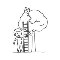 a boy climbing a ladder to retrieve a kite that stuck in a tree vector