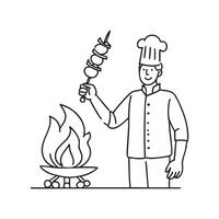 kabob being grilled over an open fire with a chef turning the skewers vector