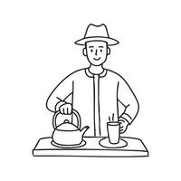kettle steaming as it sits on a stove with a person reaching for a cup vector