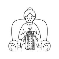 knitting needles moving as a grandmother sits on a sofa, working on a scarf vector