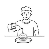 person pouring ketchup from a bottle onto an burger on the table. vector