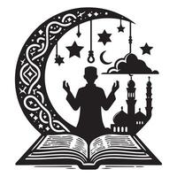 Creative islamic man praying on the moon and reading the book on a white background vector