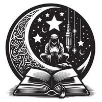 islamic man reading the quran and moon on a book design on a white background vector
