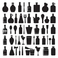 various bottles and utensils are shown in black silhouettes design on a white background vector