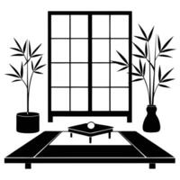 black and white illustration of a table with a vase of bamboo plants vector