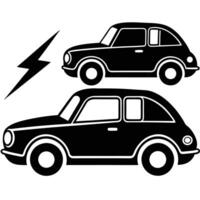 two black and white cars with lightning and thunder design on a white background vector