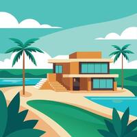 tropical house with palm trees and water design on a white background vector
