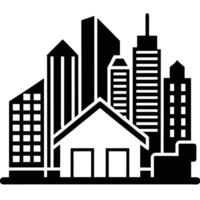 a black and white city skyline with a building design on a white background vector