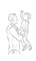 It is a heartwarming line art illustration of a father lifting his child joyfully. This minimalist drawing captures the bond between parent and child, symbolizing love, care, and happiness vector