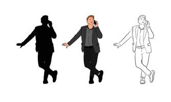 a businessman using a smartphone. He stands in a relaxed pose, using his phone to communicate, check personal messages vector