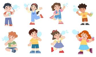 Illustration set of children playing blowing bubbles with soap vector