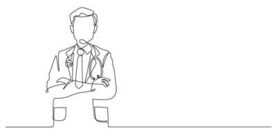physician with gown, stethoscope arms crossed pose one line drawing continuous vector