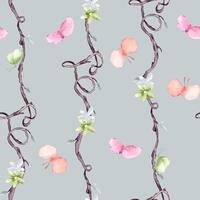 Seamless twigs with watercolor pink butterflies and gentle flowers on pattern on blue. Repeating tree liana with insects for design textile. Vertical curly lines hand drawn botany wallpaper, package vector