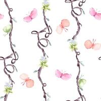 Watercolor pink butterflies, gentle flowers and twigs watercolor seamless pattern isolated. Tree on repeating background design textile. Vertical curly lines hand drawn botany wallpaper, package vector