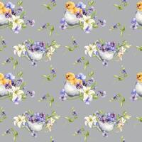 Chick in egg shell with flowers Easter seamless pattern isolated on neutral. Watercolor baby bird and blue spring plants hand drawn. For design Easter decoration, background, textile, package, paper vector