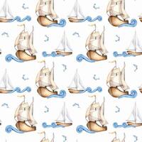 Various Sailboats on curly waves and small fishes hand drawn by seamless pattern. Marine art design textile in watercolor . Fishes and sailing ships for background. Ocean scene for packaging, print. vector