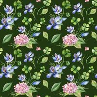 Spring wild flowers watercolor seamless pattern isolated. Clover, pink hydrangea and crocus illustration hand drawn by repeated background. Botanical art print for design package, home decor, textile vector